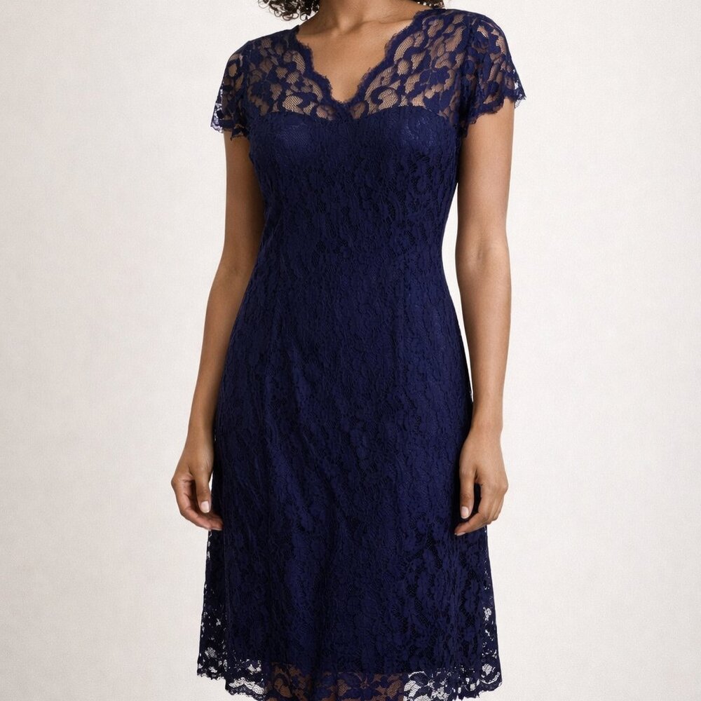 Dress, EUC never worn, all over lace cocktail length, body con, deep blue,
